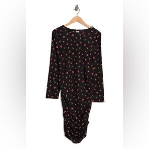 Abound Black Long Sleeve Rouched Dress Red Rose Print
